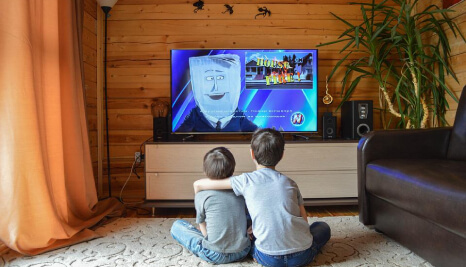 Two boys watching an animated  TV show with subtitles